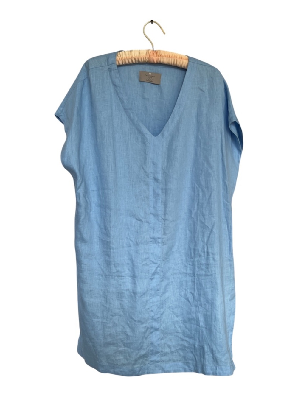 Paul Castelloe Linen Dress Sky Blue Size Large Living Studio Deep V Side Slits